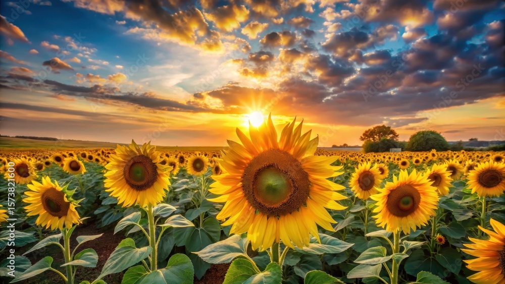 Fototapeta premium Golden Hour Sunflowers in a Vast Field at Sunset A Stunning Display of Nature's Beauty