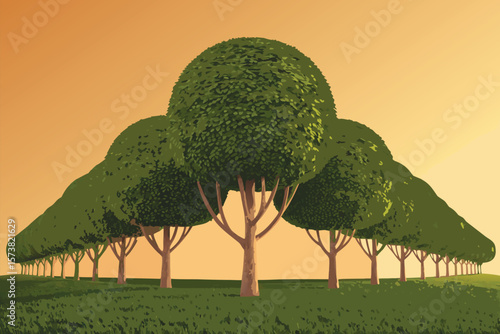 Green Field With Organized Tree Line Under a Warm Colored Sky, Landscape Style