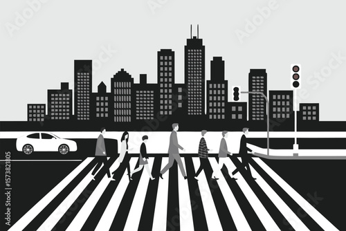 Pedestrians Crossing Street in Cityscape Illustration, Black and White Urban with Car