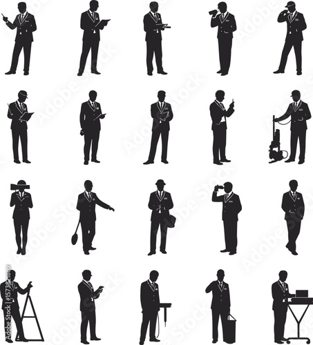 Engineer and architect silhouette vector set, professional workers, standing with tools, blueprints, measurement device, cad flat drawing illustration