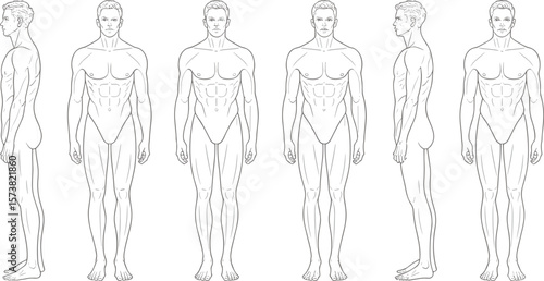 Male fashion figure front, back, and side view technical body template for apparel sketching and design, flat vector drawing