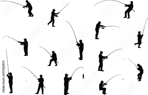 Fishing man silhouette collection with rod and fish, different angler poses, outdoor hobby scene, cad drawing, flat vector illustration