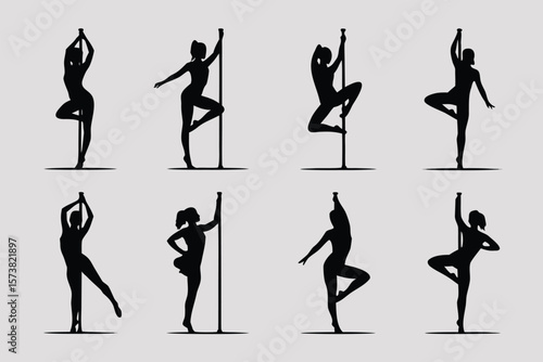 Silhouetted Pole Dancers in Various Poses, Depicting Strength, Flexibility, and Grace on a Light Background