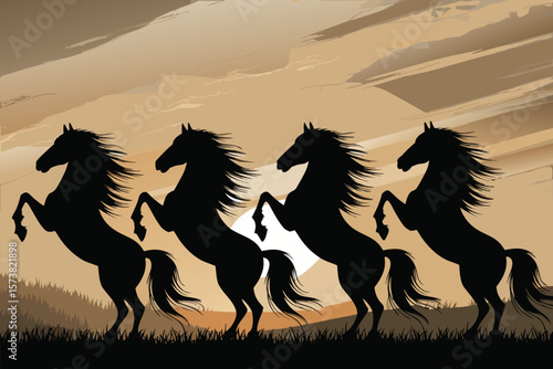 Silhouetted Rearing Horses Against Warm Sunset Sky, Grassy Landscape, Wild and Free Horses