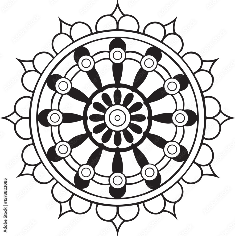 Obraz premium Zen Black & White Mandala with Sun and Floral Motifs