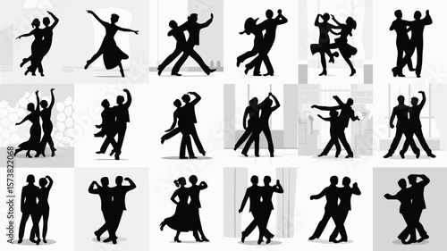 Various Couples Silhouette Dancing Tango, Ballroom, Salsa on White Background Dance Illustration Set