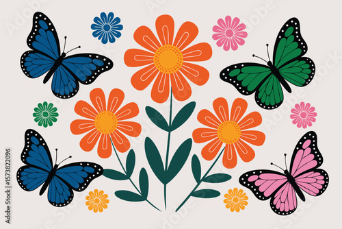 Vibrant Butterfly and Flower Pattern with Retro Style, Featuring Blue, Pink, Green and Orange Hues