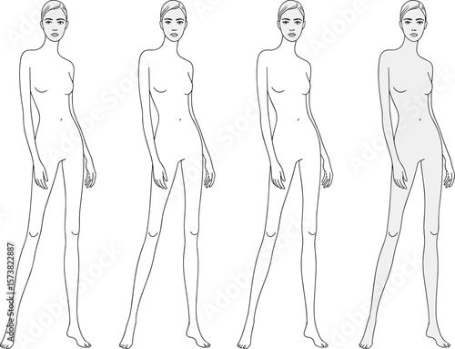 Female fashion figure template, front view pose, flat sketch body silhouette, croquis model drawing for apparel design, vector illustration