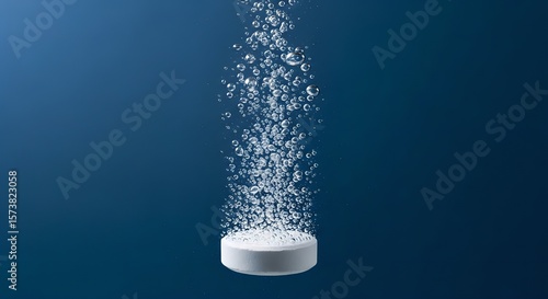 Effervescent tablet dissolving in water creating bubbles against a dark blue backdrop, illustrating medicine dissolving or a vitamin supplement dissolving.