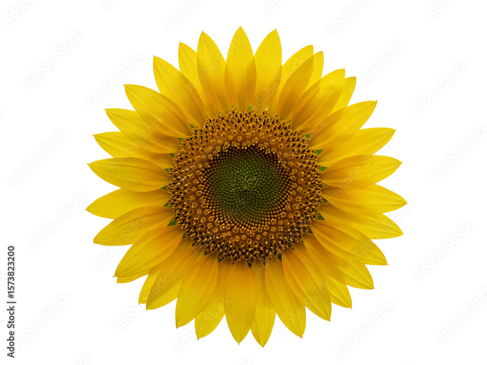 Fototapeta premium Bright yellow sunflower bloom with detailed center and petals isolated on transparent background