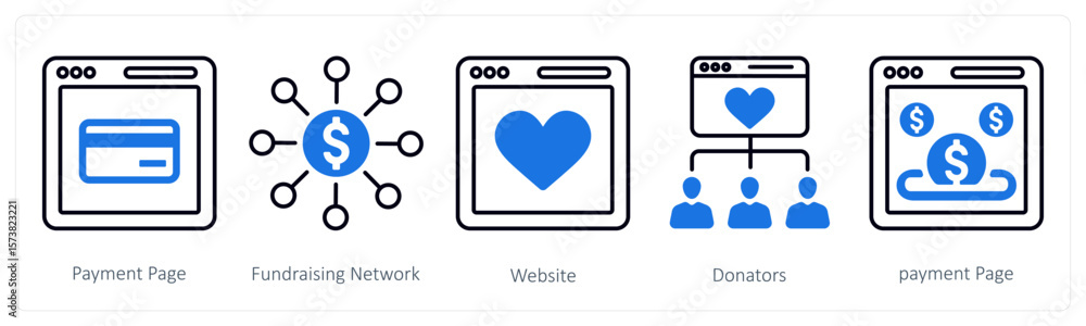 A set of 5 mix icons as payment page, fundraising network A set of 5 mix icons as payment page, fundraising network