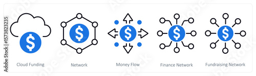 A set of 5 mix icons as cloud funding, network, money flow