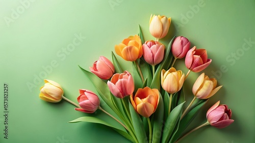 A vibrant collection of pastel tulips arranged artfully on a muted green background