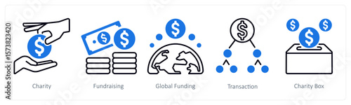 A set of 5 mix icons as charity, fundraising, global funding