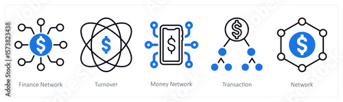 A set of 5 mix icons as finance network, turnover, money network