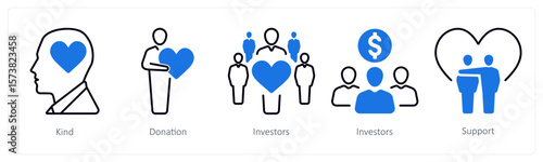 A set of 5 mix icons as kind, donation, investors