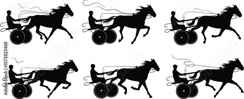 Horse cart racing silhouette illustration, black and white harness trotting vector, jockey design