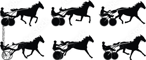 Horse carriage racing silhouettes, horse rider with cart vector illustration, galloping horses in motion, cad drawing flat vector illustration, black graphics