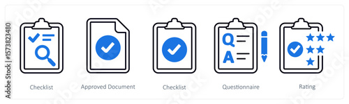 A set of 5 mix icons as checklist, approved document, questionnaire