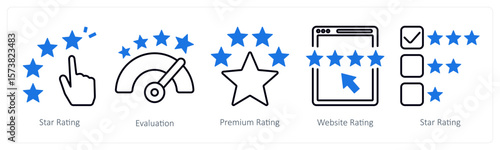 A set of 5 mix icons as star ratings, evaluation, premium rating