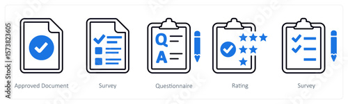 A set of 5 mix icons as approved document, survey, questionnaire