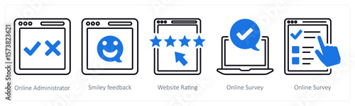 A set of 5 mix icons as online administrator, smiley feedback, website rating