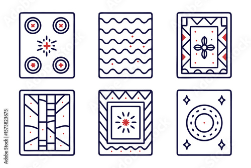 A curated assortment of abstract minimalist geometric shapes and decorative elements evoking a distinct mid century modern aesthetic with bold color accents