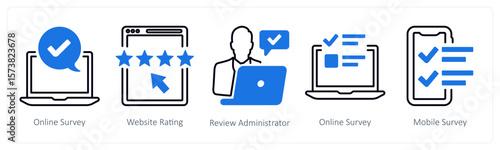 A set of 5 mix icons as online survey, website ratimg, review administrator