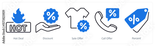 A set of 5 mix icons as hot deal, discount, sale offer
