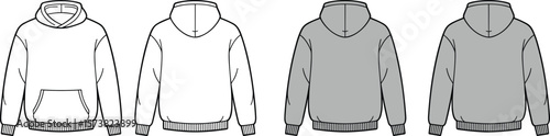 Hooded sweatshirt front and back flat sketch, vector fashion drawing, hoodie cad template, unisex casual wear technical illustration