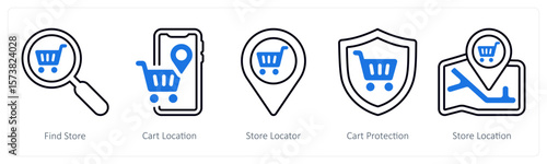 A set of 5 mix icons as find store, cart location, store locator