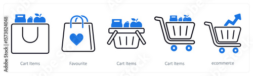 A set of 5 mix icons as cart items, favorite, ecommerce