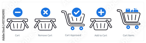 A set of 5 mix icons as cart, remove cart, cart approved