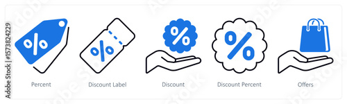 A set of 5 mix icons as percent, discount label, discount