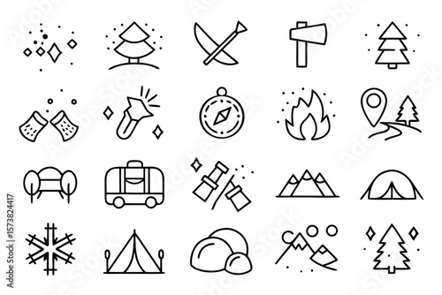 Collection of diverse adventure and activity symbols featuring outdoor exploration travel and recreational pursuits rendered in a vibrant four color palette for versatile design applications