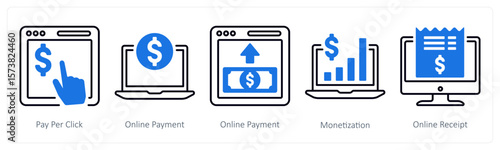 A set of 5 mix icons as pay per click, online payment, monetization
