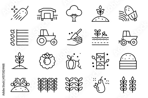 Comprehensive collection of agricultural and gardening symbols featuring essential elements for cultivation farming and organic growth presented in a clean graphic style