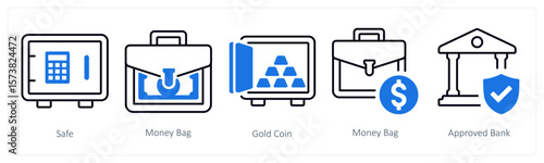 A set of 5 mix icons as safe, money bag, gold coin