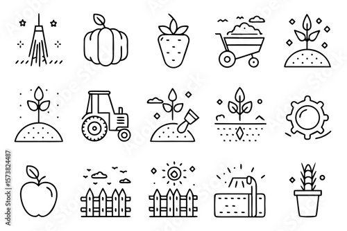 Comprehensive collection of agricultural and garden related symbols showcasing cultivation growth and farming elements for diverse design projects