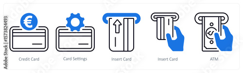 A set of 5 mix icons as credit card, car settings, insert card