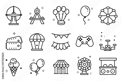 A comprehensive collection of charmingly simple graphic symbols representing various forms of entertainment leisure activities and joyful experiences presented in a clean modern aesthetic