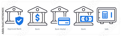 A set of 5 mix icons as approved bank, bank, bank wallet
