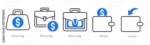 A set of 5 mix icons as money bag, savings, income