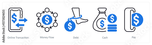A set of 5 mix icons as online transaction, money flow, debt