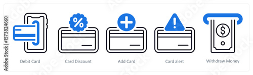 A set of 5 mix icons as debit card, card discount, add card