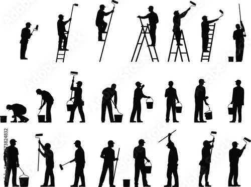 Painter worker silhouette set, people with roller, paint bucket, ladder, wall painting activity, construction man, vector black design