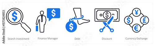 A set of 5 mix icons as search investment, finance manager, debt