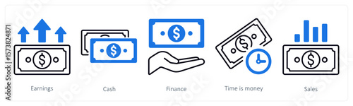 A set of 5 mix icons as earnings, cash, finance