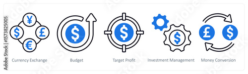 A set of 5 mix icons as currency exchange, budget, target profit