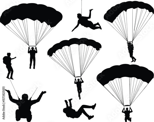 Parachuting silhouette vector illustration, skydiver jumping from airplane, black and white extreme sport design, sky adventure, flying person 
